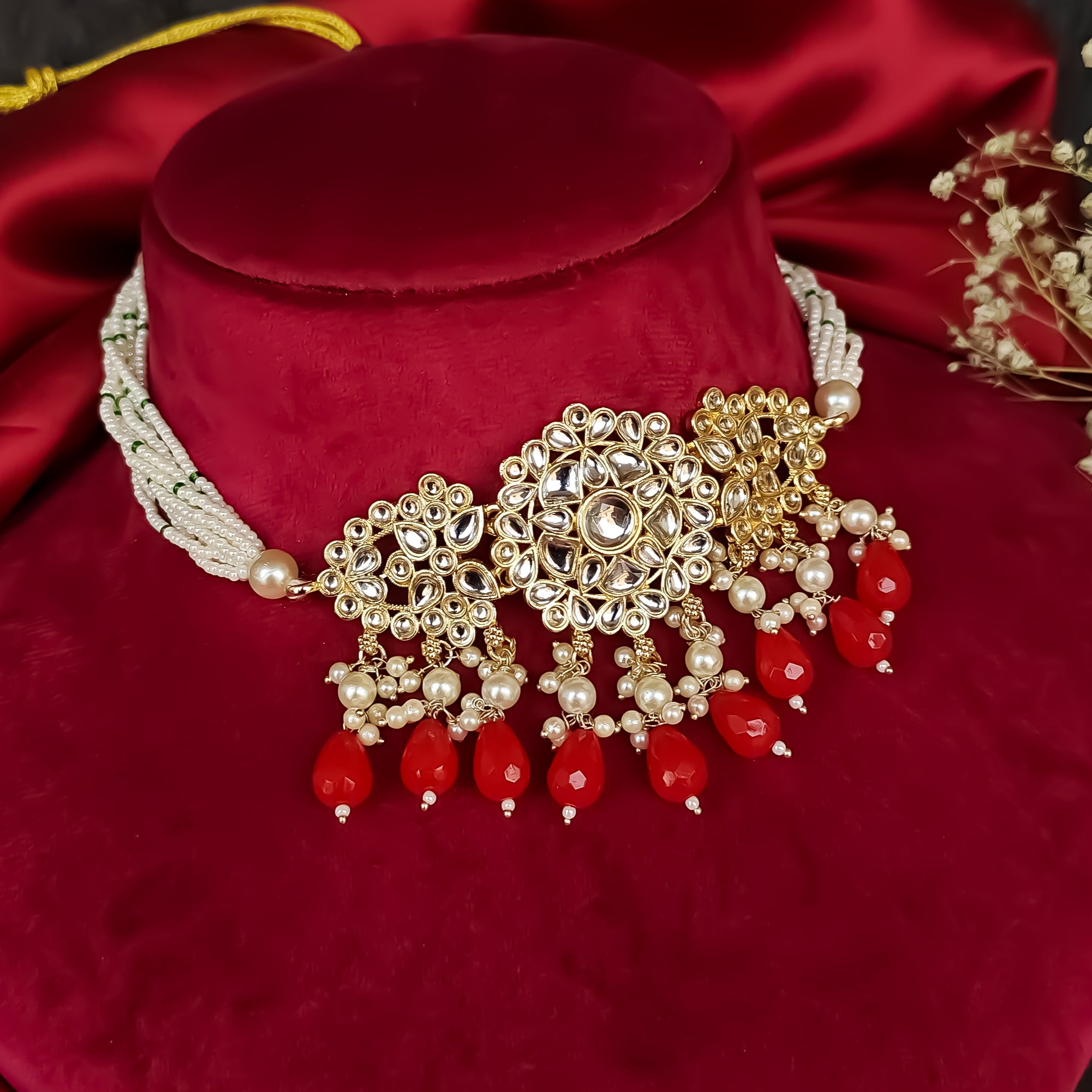 Amber Dabi Kundan Necklace Set - Red