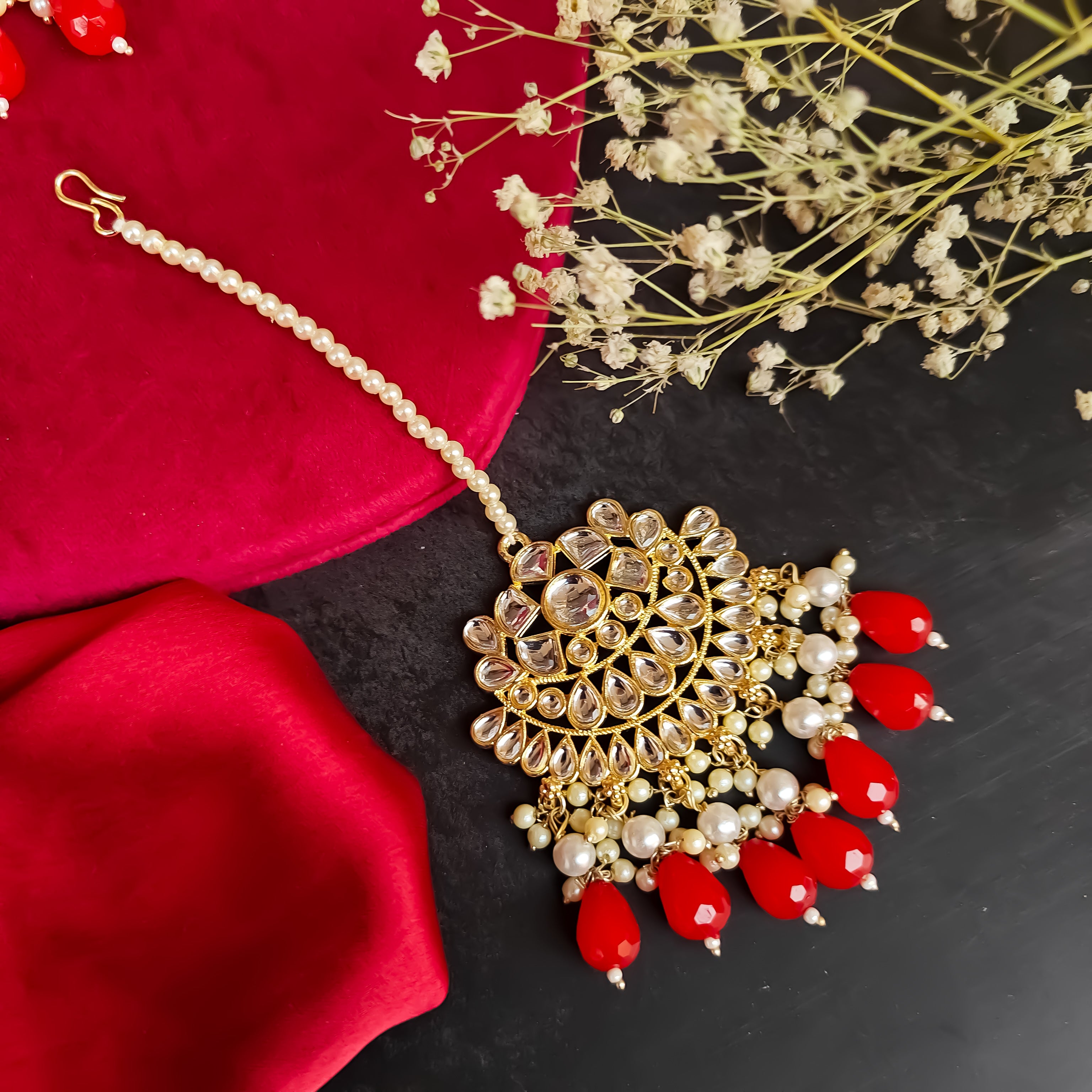 Amber Dabi Kundan Necklace Set - Red