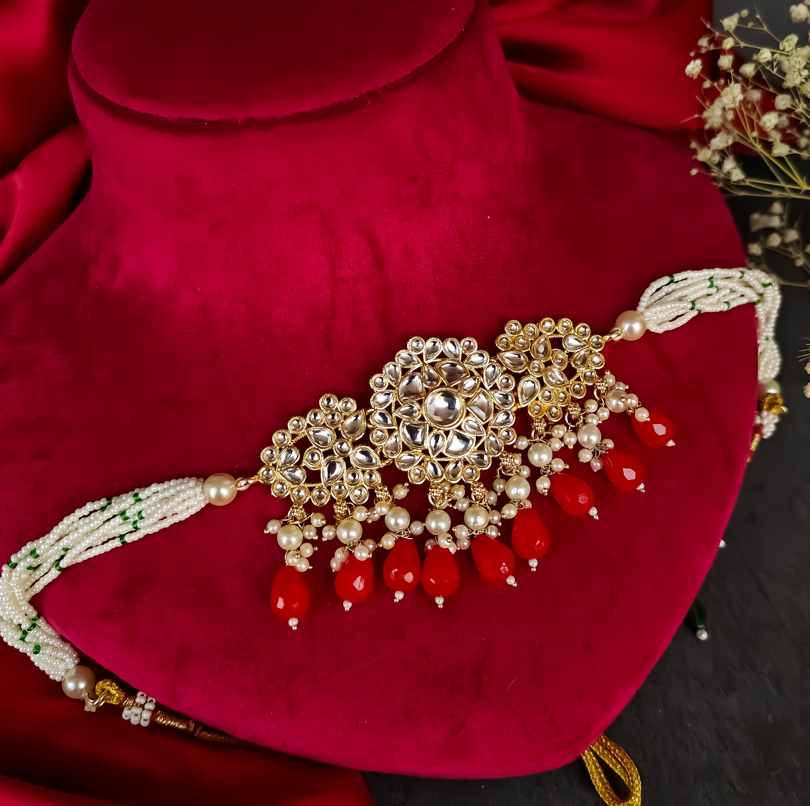 Amber Dabi Kundan Necklace Set - Red