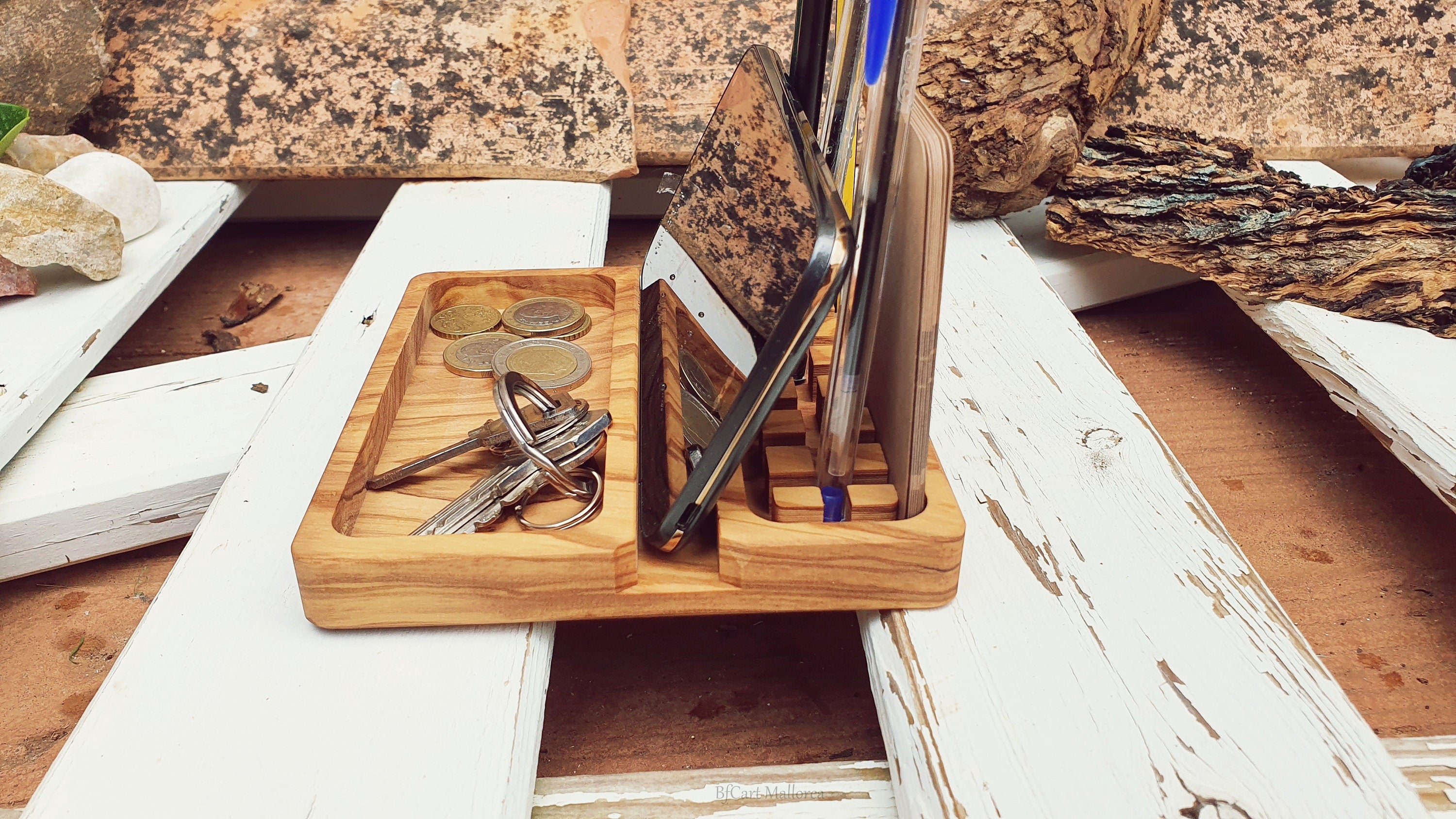 Desk Organizer Office Olive Wood , Station Desk , Docking Station, Iphone Holder, Phone Holder, Pencil Holder, Coin Organizer, Father's day