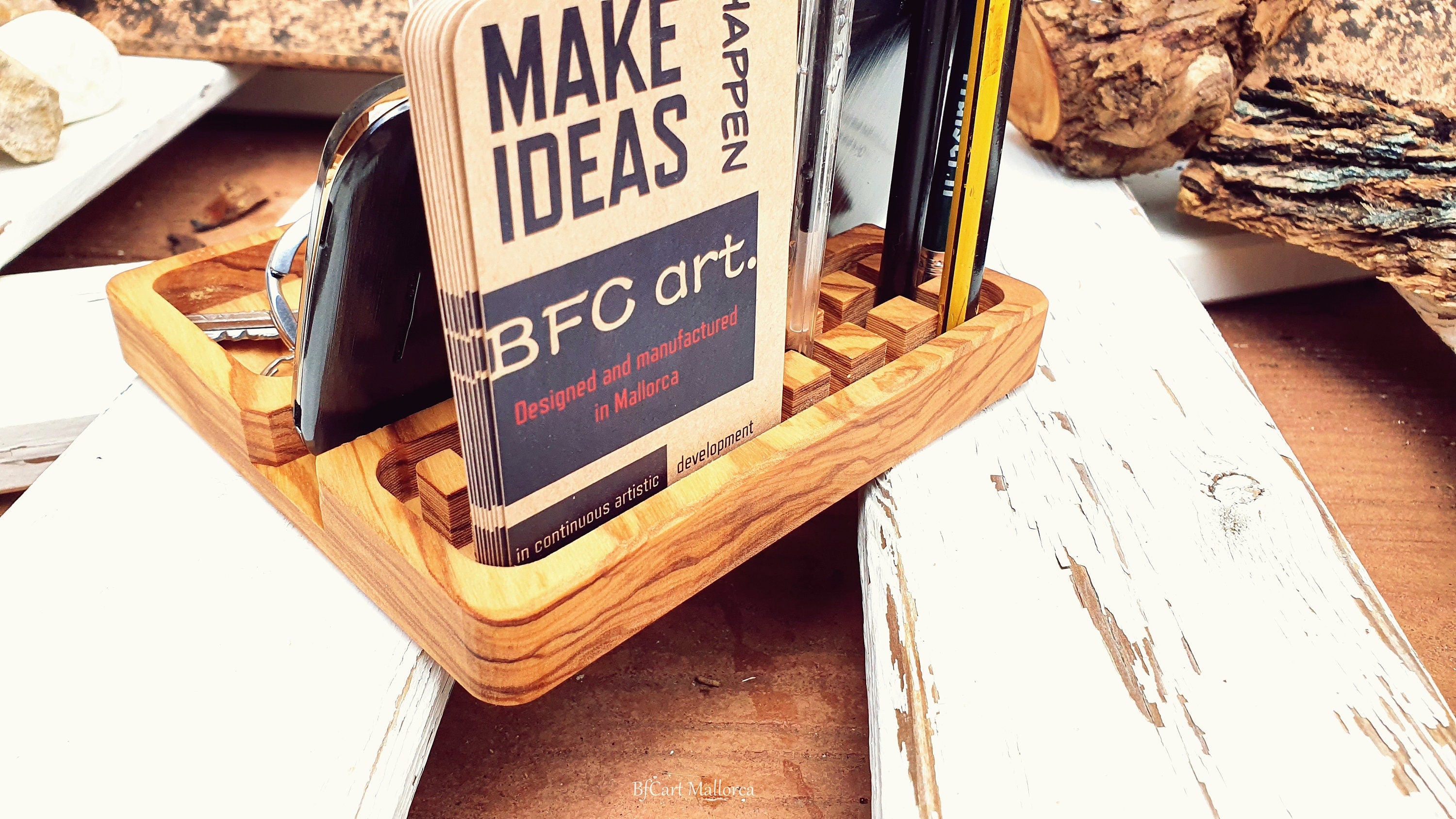 Desk Organizer Office Olive Wood , Station Desk , Docking Station, Iphone Holder, Phone Holder, Pencil Holder, Coin Organizer, Father's day