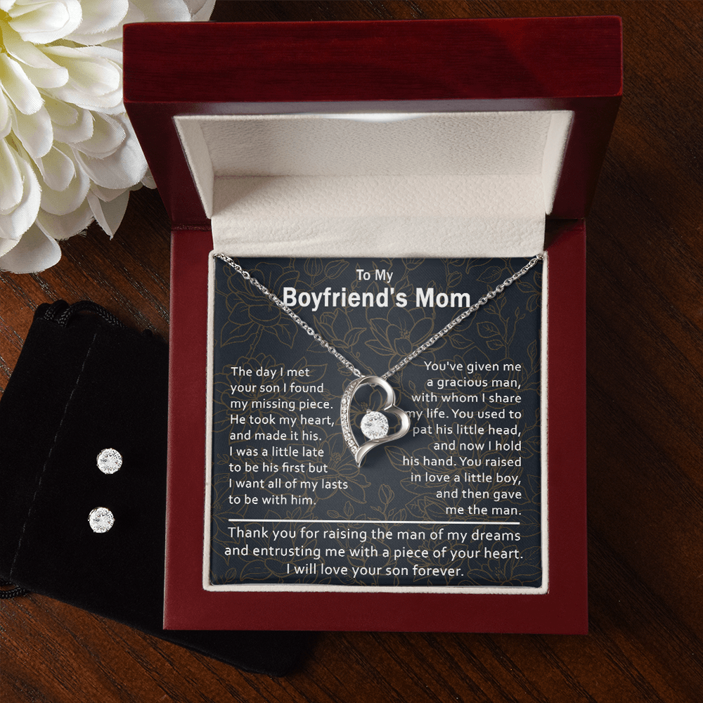 14K White Gold Jewelry Set, To My Boyfriend's Mom - Thank you for raising the man of my dreams - Mothers Day Christmas Gift Love Knot Necklace