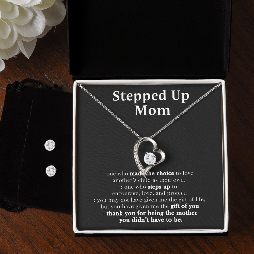 14K White Gold Stepped Up Mom Jewelry Set, To My Stepped Up Mom - One Who Made The Choice To Love,Mother's Day Necklace And Earring for Mom