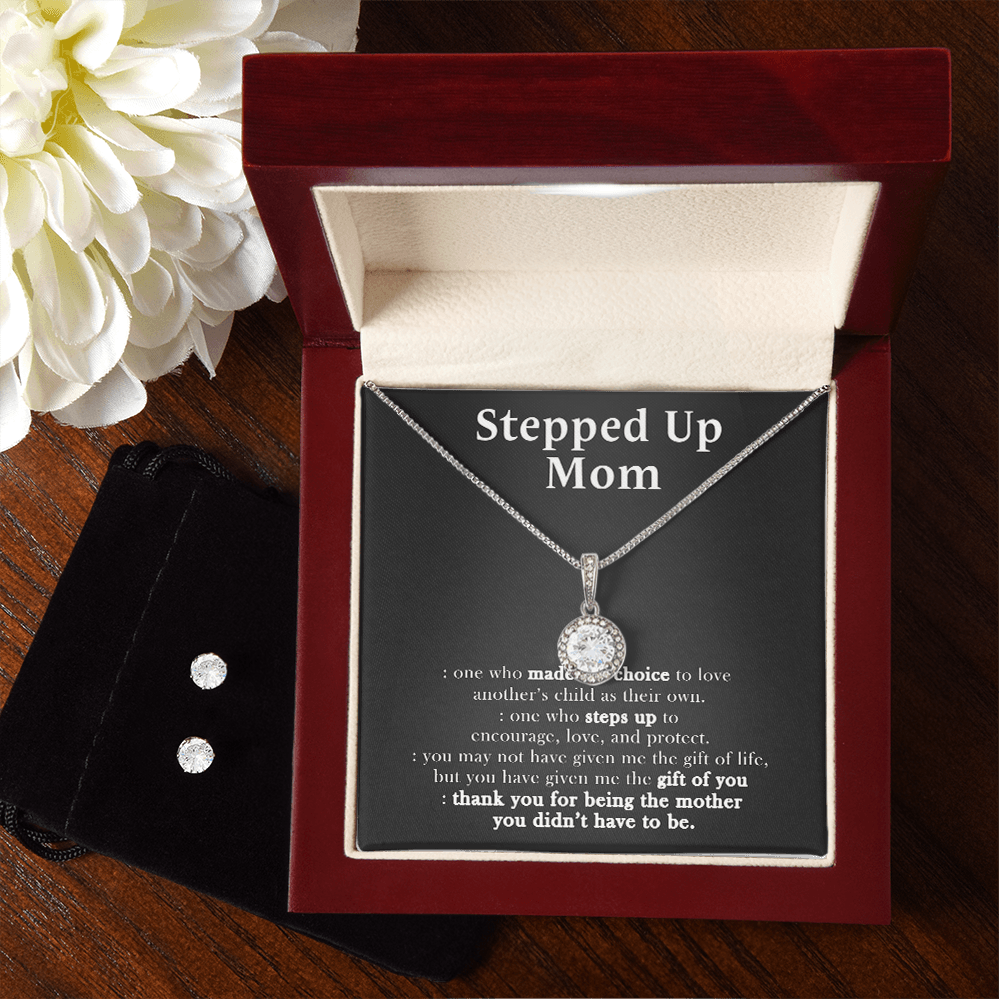 14K White Gold Stepped Up Mom Jewelry Set, To My Stepped Up Mom - One Who Made The Choice To Love,Mother's Day Necklace And Earring for Mom