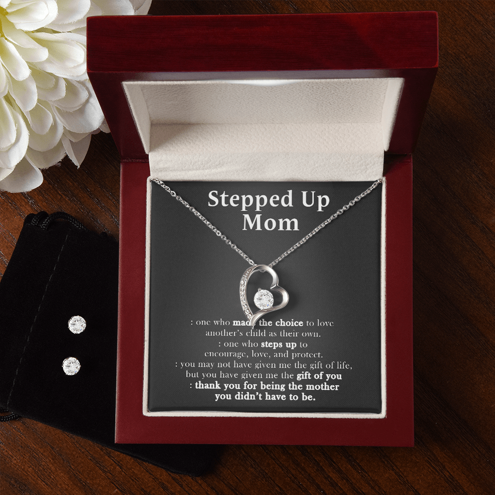 14K White Gold Stepped Up Mom Jewelry Set, To My Stepped Up Mom - One Who Made The Choice To Love,Mother's Day Necklace And Earring for Mom