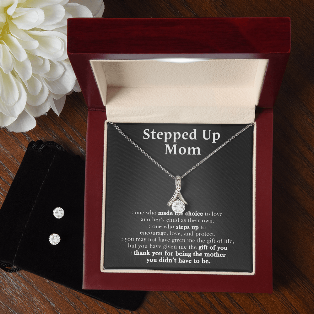 14K White Gold Stepped Up Mom Jewelry Set, To My Stepped Up Mom - One Who Made The Choice To Love,Mother's Day Necklace And Earring for Mom