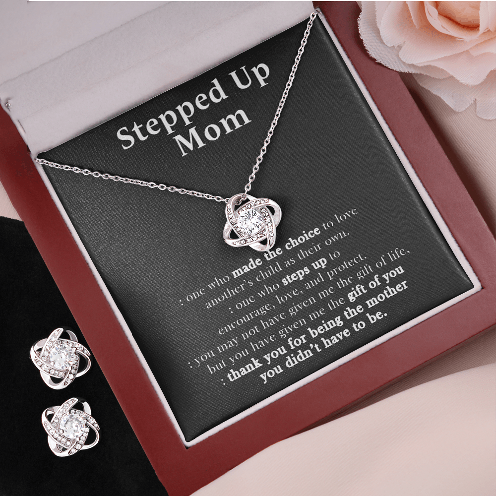 14K White Gold Stepped Up Mom Jewelry Set, To My Stepped Up Mom - One Who Made The Choice To Love,Mother's Day Necklace And Earring for Mom
