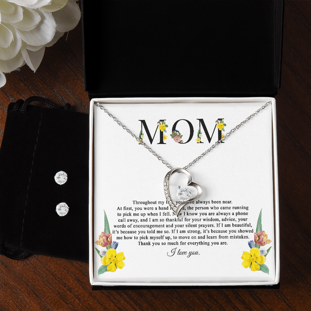 14K White Gold To My Mom Jewelry Set, Sentimental Gifts For Mom from Daughter, Floral Mom Necklace And Earrings Mother's Day Gift