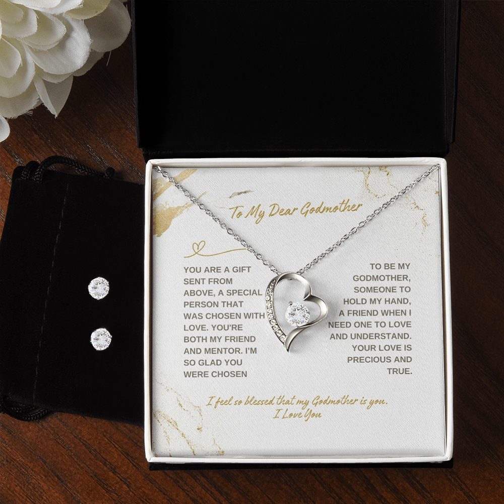 14K White Gold Jewelry Set Gift To My Dear Godmother From Daughter Son, Necklace And Earrings Set Gift On Mother's Day Gift For Godmom