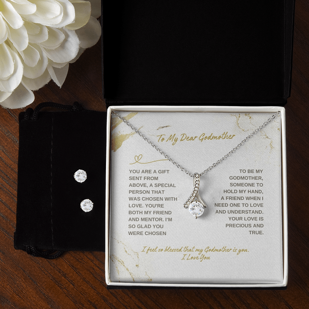 14K White Gold Jewelry Set Gift To My Dear Godmother From Daughter Son, Necklace And Earrings Set Gift On Mother's Day Gift For Godmom