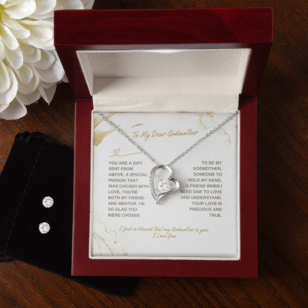 14K White Gold Jewelry Set Gift To My Dear Godmother From Daughter Son, Necklace And Earrings Set Gift On Mother's Day Gift For Godmom