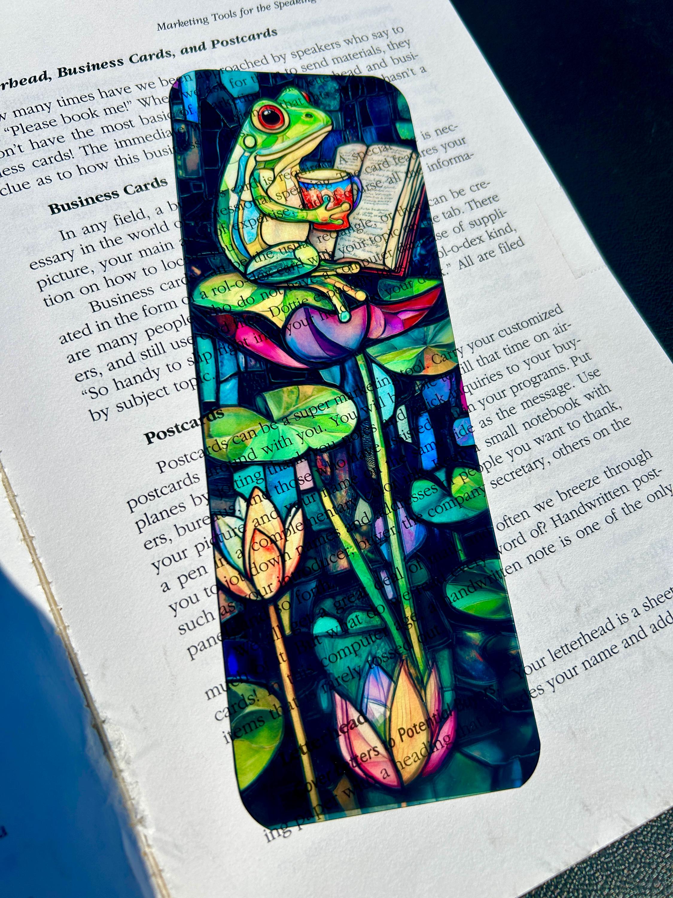 Frog on Lily Pad Bookmark with Tea and Cozy Mystery – Stained Glass Style Art for Whimsical Readers, Nature Lovers, and Cozy Book Fans