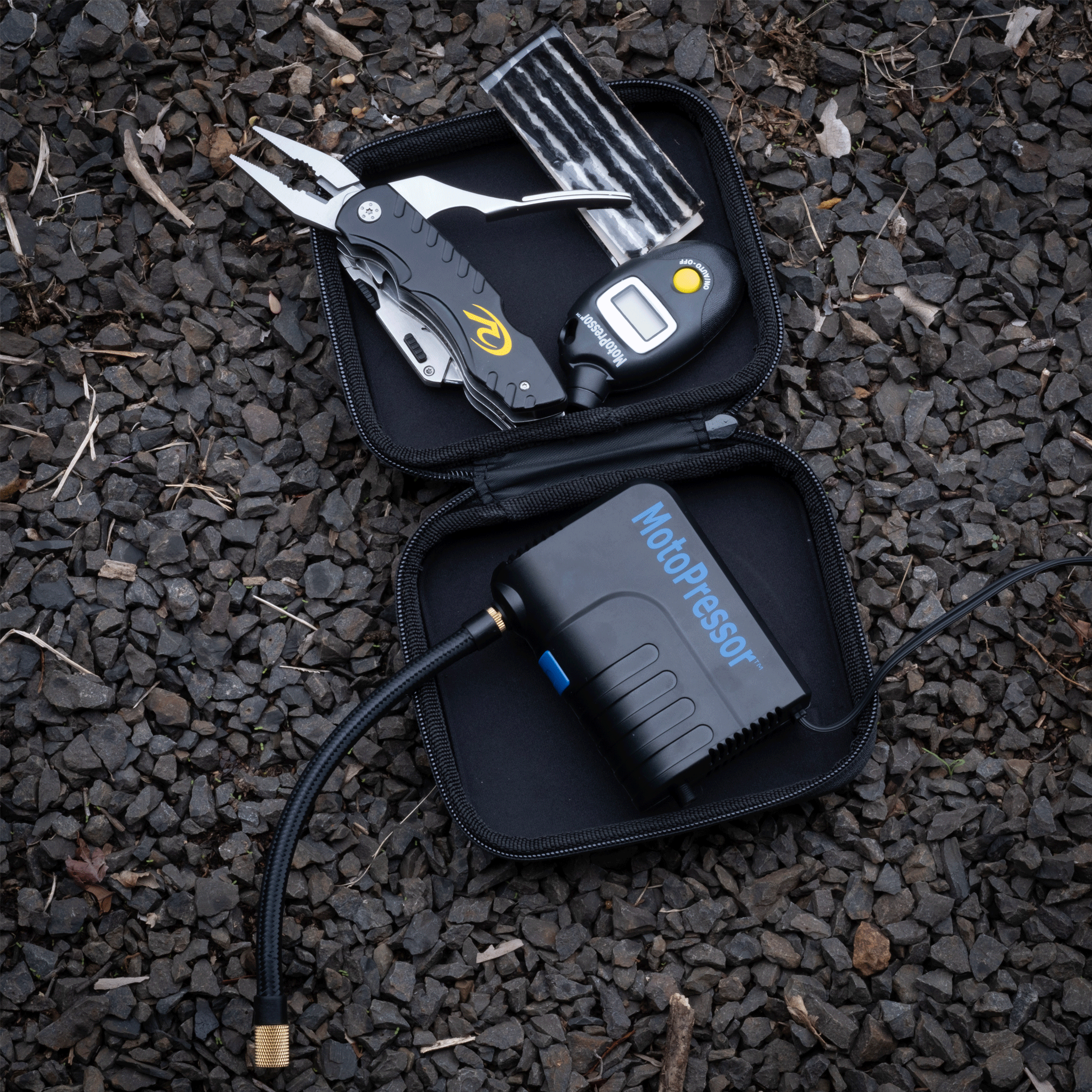 MotoPressor Pocket Pump V2, Puncture Repair Tool and Digital Tyre Gauge Combo